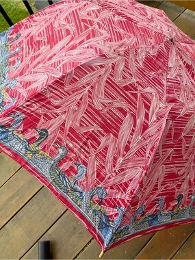 Vintage Christian Dior Ducks Umbrella Red 80s Rare Duck Wood Handle Leaf Leaves